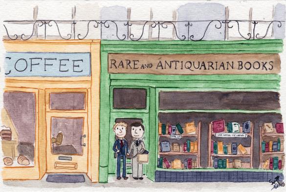 Watercolour painting of two little fellows exiting a purveyor of rare and antiquarian books in Kensington, London. Next to the bookshop is a coffee shop with a display of freshly baked bread and cakes in the window. The chap in the grey suit has a sprig of lavender in his buttonhole and is carrying a bag full of books. He is holding hands with his companion, who wears a dark blue suit and has a red rose in his buttonhole.