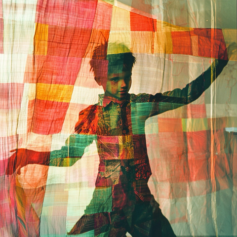 A child poses behind a sheer, patchwork curtain of red, orange, yellow, and green squares. Their outfit and silhouette blend with the fabric, creating a surreal, colorful double-exposure effect.
