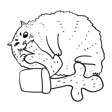 Doodle of a very fluffy and round cat biting a toy with the shape of a cactus.