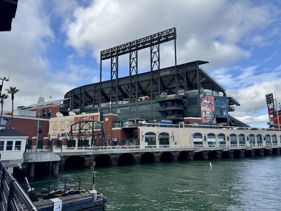 A view of the baseball stadium Oracle Park, home of the San Francisco Giants.

The view is from the bay side, more or less and this side of the park is completely surrounded by water.