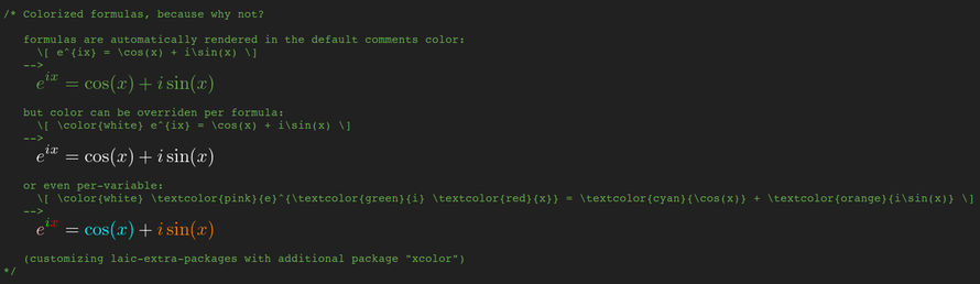 A ludicrous example of colorized equations in C++ comments using the “xcolor” package added in customized laic-extra-packages