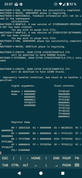 Screenshot of one failed attempt at an installation, when an exception arose & generated a register dump.