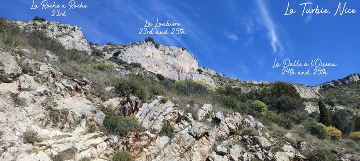 3 days, 3 crags in one
A picture of the crags at La Turbie labelled as La Roche á roche on the left, La Loubiére middle and La Dalle á l'Oiseau right
