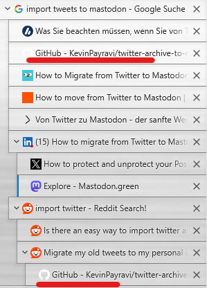 my browser tabs on Twitter->Mastodon migration