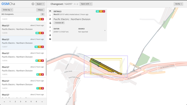 Screenshot of OSMCha visualizing the addition of some Pacific Electric railways against an unfiltered OpenHistoricalMap basemap that shows all the features in the vicinity of this changeset from all time.