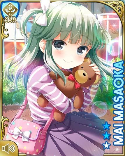 Anime-style illustration of a young girl with green hair hugging a teddy bear. She wears a purple striped top, a skirt, and carries a pink bag. The name "Mai Masaoka" is displayed beside her.