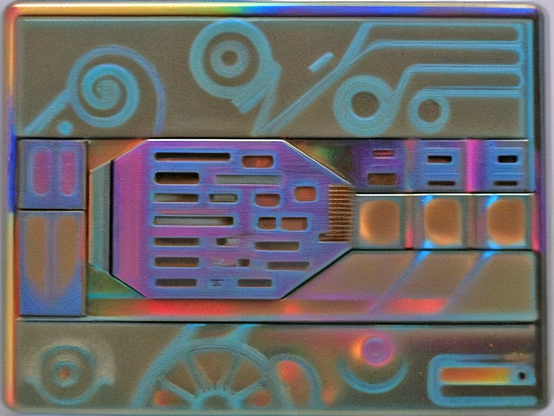 A futuristic, metallic mechanism, folded into a compact form, with intricate iridescent patterns in hues of blue, purple, and gold, with a sci-fi vibe.