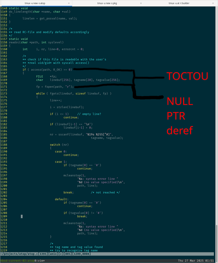 Screenshot of atop source code, annotated with two vulnerabilities:

1. A TOCTOU by using `access` before calling `fopen` rather than simply accessing the file.
2. A NULL pointer dereference when `fopen` fails.

The NULL pointer deref will likely only crash the application. Not much to see here.