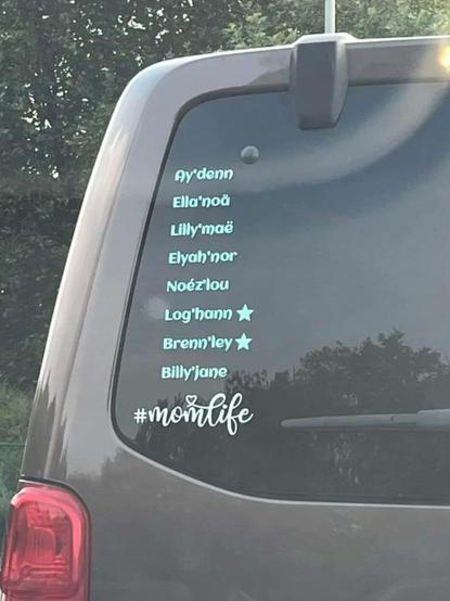 Photograph of the back of a gray SUV with a series of names in cutesy fonts as stickers reading 

"Billy'jane 
Brenn'ley 
Noézlou 
Log'hann 
Ella'noä 
Lilly'maë 
Elyah'nor 
Ay'denn 
#momlife"