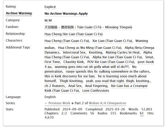 The tags for Absolute Territory. As follows: Explicit, No Archive Warnings Apply, M/M, Hua Cheng/Xie Lian, word count 12,803. Additional tags: 

        wulian, Hua Cheng as Wu Ming (Tian Guan Ci Fu), Alpha/Beta/Omega Dynamics, Intercrural Sex, Knotting, Mating Cycles/In Heat, Alpha Hua Cheng (Tian Guan Ci Fu), Alpha Xie Lian (Tian Guan Ci Fu), Smut, First Time, Chastity Kink, POV Xie Lian (Tian Guan Ci Fu), post-book 4 au, wuming goes into rut oh golly what will xl do???, No penetration, ruoye spends this fic sulking somewhere in the rafters, this is kink discovery for xie lian, he is learning sooo much about himself, Thigh Knotting, yeah. you read that right. thigh. knotting., ch 2 features, Anal Sex, Anal Fingering, Xie Lian has a Creampie Kink (Tian Guan Ci Fu), Love Confessions.