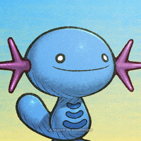 Digitally-handmade fanart portrait of a female Wooper Pokémon facing forward towards the right side of the image at a 3/4 angle with a smiling facial expression, on a blue-to-yellow gradient background.