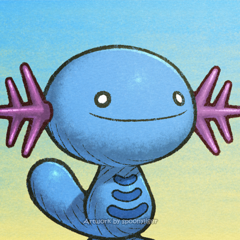 Digitally-handmade fanart portrait of a male Wooper Pokémon facing forward towards the right side of the image at a 3/4 angle with a smiling facial expression, on a blue-to-yellow gradient background.