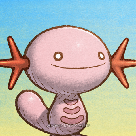 Digitally-handmade fanart portrait of a shiny female Wooper Pokémon facing forward towards the right side of the image at a 3/4 angle with a smiling facial expression, on a blue-to-yellow gradient background.