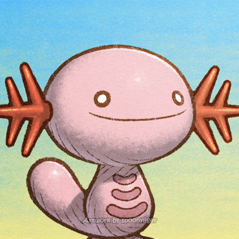 Digitally-handmade fanart portrait of a shiny male Wooper Pokémon facing forward towards the right side of the image at a 3/4 angle with a smiling facial expression, on a blue-to-yellow gradient background.