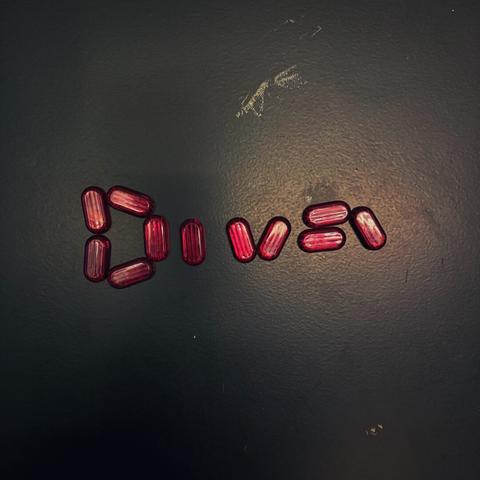 Reddish maroon pill shaped magnets on a roughish metal black door. They are arranged to spell “Diva.”