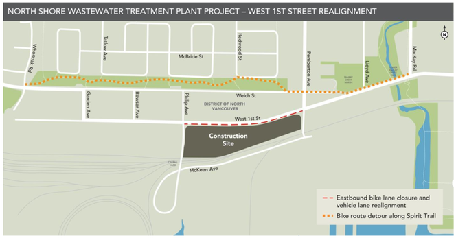 Map showing the location of the bike lane removal and suggested detour.