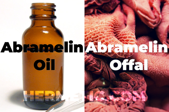 Meme format, On / Off. Left side is an amber essential oil vial with the words "Abramelin Oil". Right side is some offal with the words "Abramelin Offal".