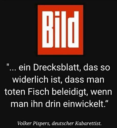 Das Logo der Zeitung "Bild ", dazu steht:

"... ein Drecksblatt, das so widerlich ist, dass 

man toten Fisch beleidigt, wenn man ihn drin 

einwickelt."



Volker Pispers, deutscher Kabarettist.