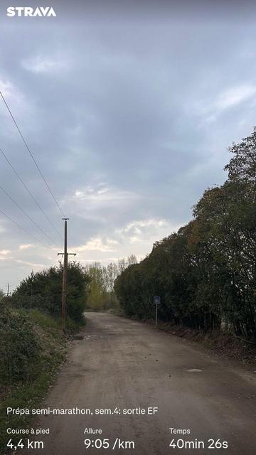 Un chemin de terre bordé d’arbrisseaux sous un ciel couvert. La luminosité indique que le soleil s’est levé depuis peu. Des statistiques Strava sont visibles.