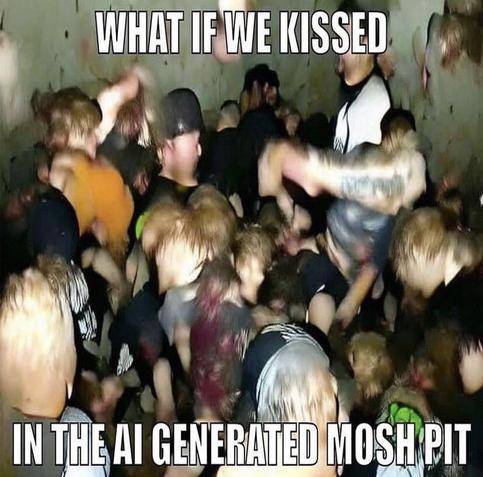 The image depicts a crowded scene with numerous individuals in a chaotic, energetic setting, reminiscent of a mosh pit. The individuals are wearing casual clothing, with some in tank tops and others in t-shirts. The faces are blurred in way that you have to look twice to recognice it, also the lines and edges of the bodies, like badly computergenerated. The text overlay reads, "WHAT IF WE KISSED IN THE AI GENERATED MOSH PIT,".