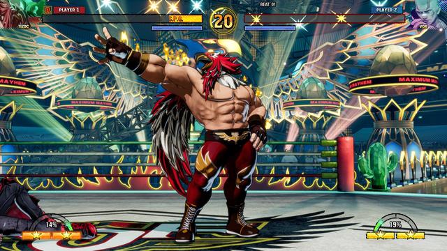 Screenshot of Tizoc from the Fatal Fury: CotW beta. He's in a victory pose.