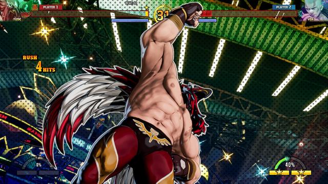 Screenshot of Tizoc from the Fatal Fury: CotW beta. He has his fist in the air.