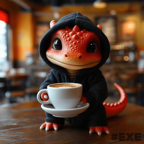 Ein niedlicher, kleiner roter Baby-Drache mit großen, glänzenden Augen sitzt in einem gemütlichen Café. Der Drache trägt einen schwarzen Kapuzenpullover und hält eine Tasse Kaffee mit einer Untertasse in seinen kleinen Klauen. Die warme, einladende Atmosphäre des Cafés ist im Hintergrund erkennbar, mit verschwommenen Lichtern und Holzmöbeln.