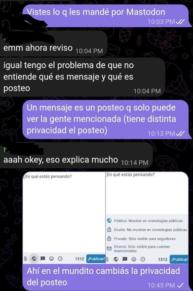 Conversación acerca de la diferencia entre posteos y mensajes directos: la conclusión es que "un mensaje es un posteo que solo puede ver la gente mencionada (tiene distinta privacidad)".