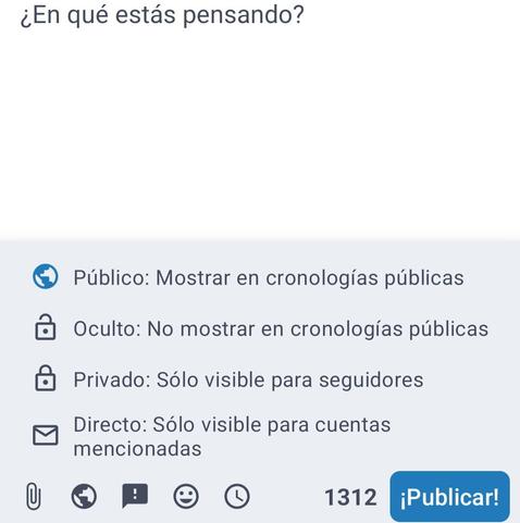 Captura de pantalla de creación de publicación en Tusky donde está desplegado el menú para cambiar la privacidad de la publicación. Las opciones son:

Público: Mostrar en cronologías públicas.

Oculto: No mostrar en cronologías públicas.

Privado: Solo visible para seguidores.

Directo: Sólo visible para cuentas mencionadas.