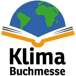 Logo der Klimabuchmesse. Ein aufgeschlagenes Buch und darüber eine Weltkugel.