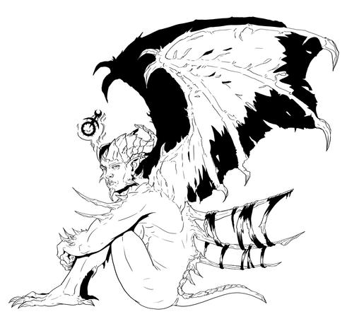 Black and white inkdrawing of a Possessed sitting on the ground facing left. He has wings, horns and lots of barbs on his body, has his hands around his knees and is looking at the viewer.