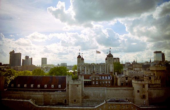 View across the Tower of London, showing the cityscape beyond.
