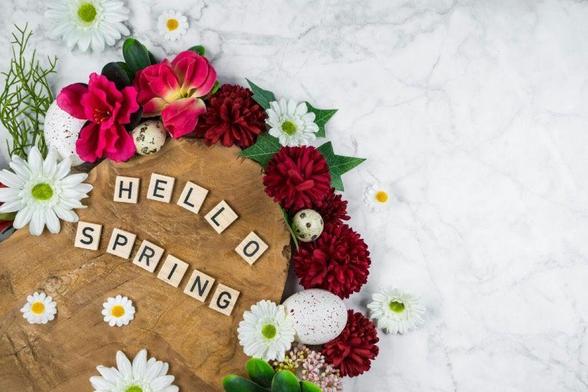 Holzteilchen mit Buchstaben die Hello Spring bilden. Drum herum Eier und Blüten neben einem Holzbrett.