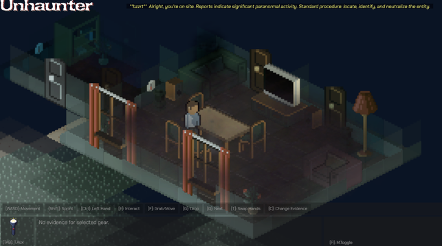 Screenshot of Unhaunter: Isometric pixel art, character sitting in the middle of a dinning room with weird fog and some mysterious gas-like form near it.