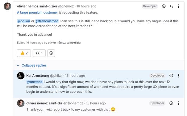 Comment on the issue, response from a GitLab's ProdMan: "I would say that right now, we don't have any plans to look at this over the next 12 months at least. It's a significant amount of work and would require a pretty large UX piece to even begin to understand how to approach this."

Full discussion here: https://gitlab.com/gitlab-org/gitlab/-/issues/19691#note_2418294920