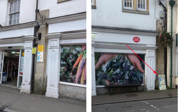 Two pictures of the Co-Op on wotton High Street.  One with a traffic parking sign that fell down four and alf years ago.  The other with new signage re-instated.