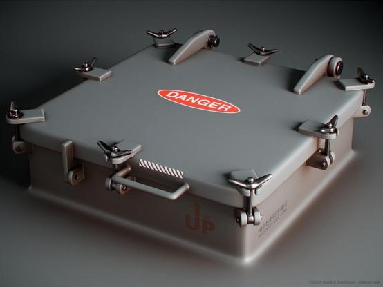 Grey painted metal deck hatch with 8 clamps around the edge and Danger written on a red label in the centre.