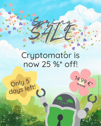 Spring-themed promotional graphic for Cryptomator’s Spring Sale. A smiling robot with a green shield raises its arms while holding two flowers. A pink flower shows the discounted price €14.99 (previously €19.99), and a yellow flower says 'Only 5 days left!'. The background features blue skies, fluffy clouds, and a swirl of colorful flowers, with the headline 'Spring SALE' above. Text below reads 'Cryptomator is now 25% off!' with a note about possible regional variations in price and discount.