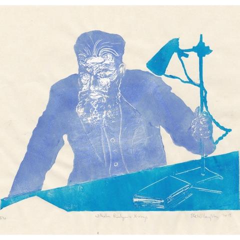 Linocut print of Röntgen in thermochromic indigo ink over his skeleton in white with a blue Crookes tube, table and papers