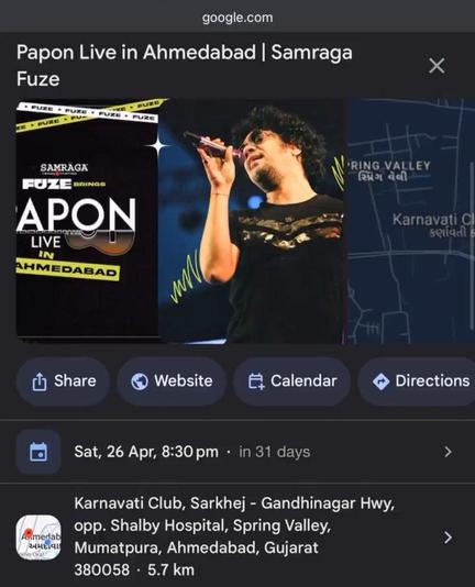 Google event search results add share the event, add it to your calendar, see similar events, get more details on the venue and find nearby food and drinks
