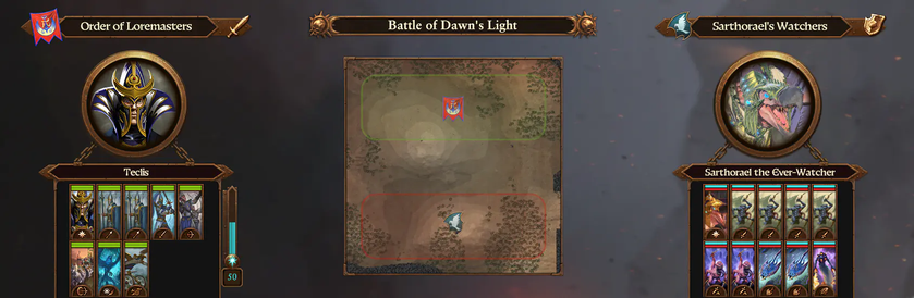 Screenshot from Total War: Warhammer III. It's the loading screen for the following fight:
Order of Loremasters - Teclis:
Teclis 
Spearmen (x2 Units)
Archers (x1 Unit)
Swordmasters of Hoeth (x1 Unit)
Tiranoc Chariot (x1 Unit)
Eagle Claw Bolt Thrower (x1 Unit)
Frostheart Phoenix (x1 Unit)

versus Sarthorael's Watchers:
Sarthorael
Screamers of Tzeentch (x2 Units)
Pink Horrors of Tzeentch (x2 Units)
Blue Horrors of Tzeentch (x4 Units)
Flamers of Tzeentch (x1 Unit)