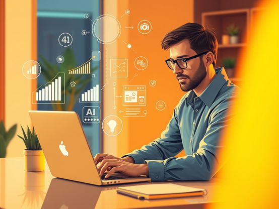 An image of a man using AI on a laptop computer.