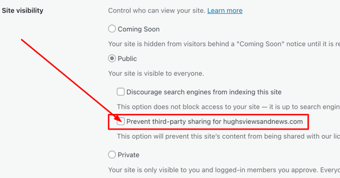An image highlighting the box to tick on a WordPress dashboard to prevent AI tools from scraping your site.