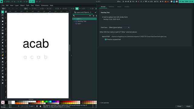 screenshot of the generated stroke font, using the Hershey text extension in Inkscape