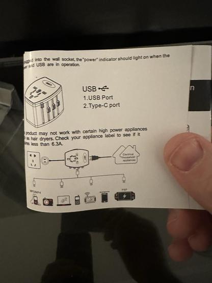 Image shows a partially unfolded instruction manual for a power adapter. It includes information about USB ports, a Type-C port, and icons representing various devices that can be connected, such as smartphones and MP3 players.