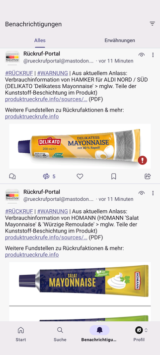 Screenshot zweier fast gleichlautender Social-Media-Meldungen von Rückruf-Portal, betreffs Mayonaise von Delikato bzw. Homann, jeweils wegen "Teile der Kunststoff-Beschichtung im Produkt"