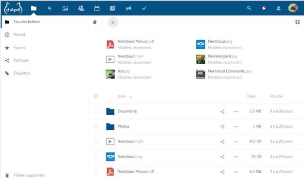 Copie écran de la page d'accueil Nextcloud avec une liste de fichiers affichés.