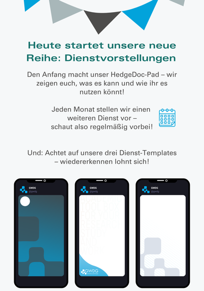 Heute startet unsere neue Reihe: Dienstvorstellungen.

Den Anfang macht unser HedgeDoc-Pad — wir zeigen euch, was es kann und wie ihr es nutzen könnt!

Jeden Monat stellen wir einen weiteren Dienst vor — kommt also regelmaldig vorbei!