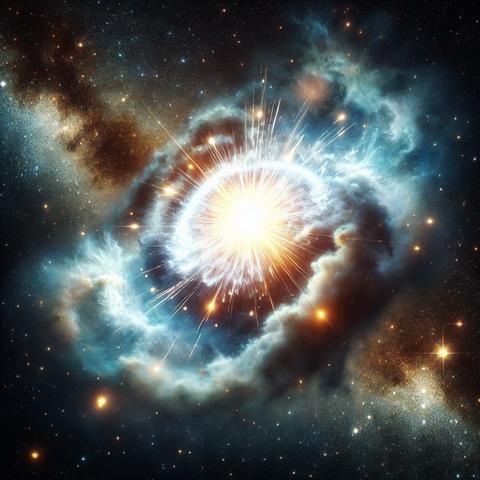 Eine farbenfrohe Darstellung einer explodierenden Nova im Weltraum, umgeben von leuchtenden Sternen und galaktischen Nebeln.