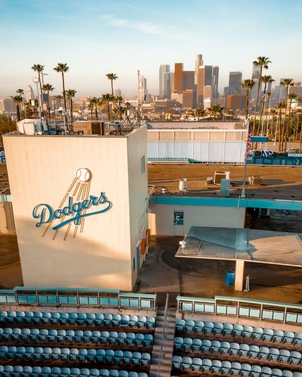 Dodger stadium with Los Angeles in the background.